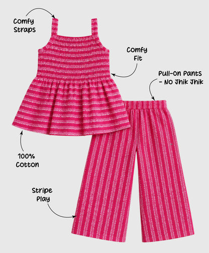 The Magic Wand Cotton Woven Strappy Stripes Printed Smocking Top And Pant Set - Fuchsia
