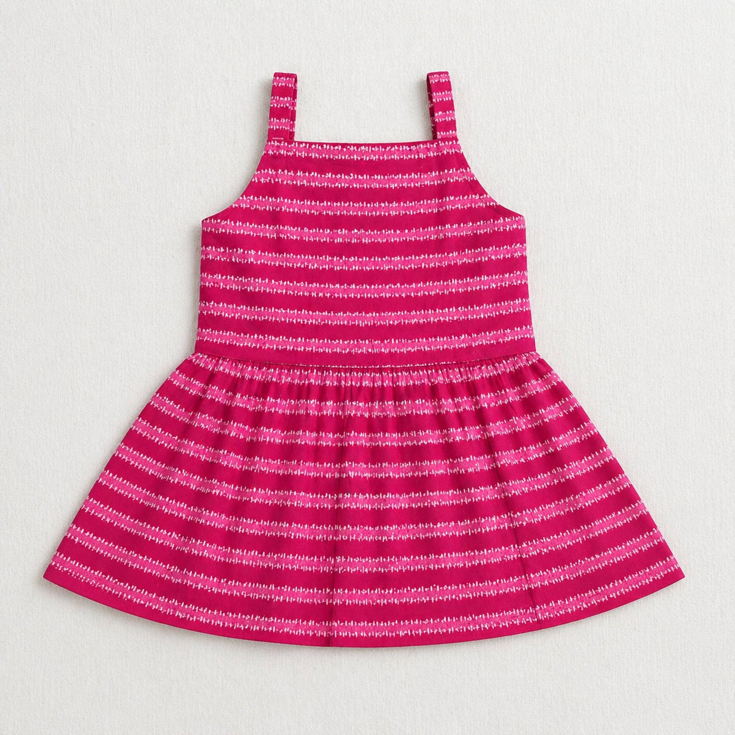 The Magic Wand Cotton Woven Strappy Stripes Printed Smocking Top And Pant Set - Fuchsia