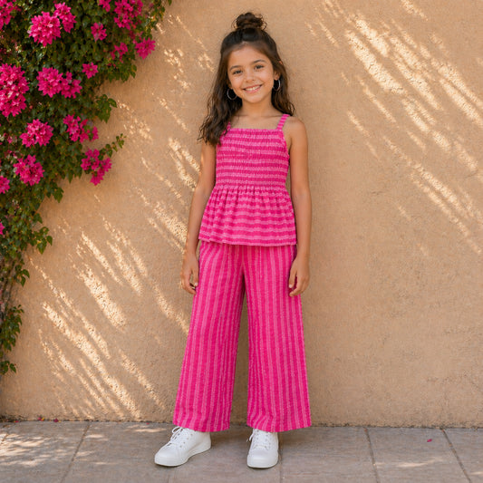 The Magic Wand Cotton Woven Strappy Stripes Printed Smocking Top And Pant Set - Fuchsia