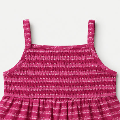 The Magic Wand Cotton Woven Strappy Stripes Printed Smocking Top And Pant Set - Fuchsia