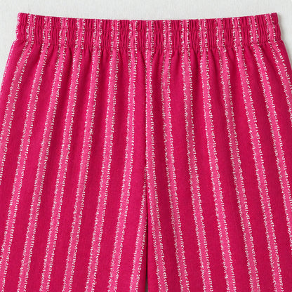 The Magic Wand Cotton Woven Strappy Stripes Printed Smocking Top And Pant Set - Fuchsia