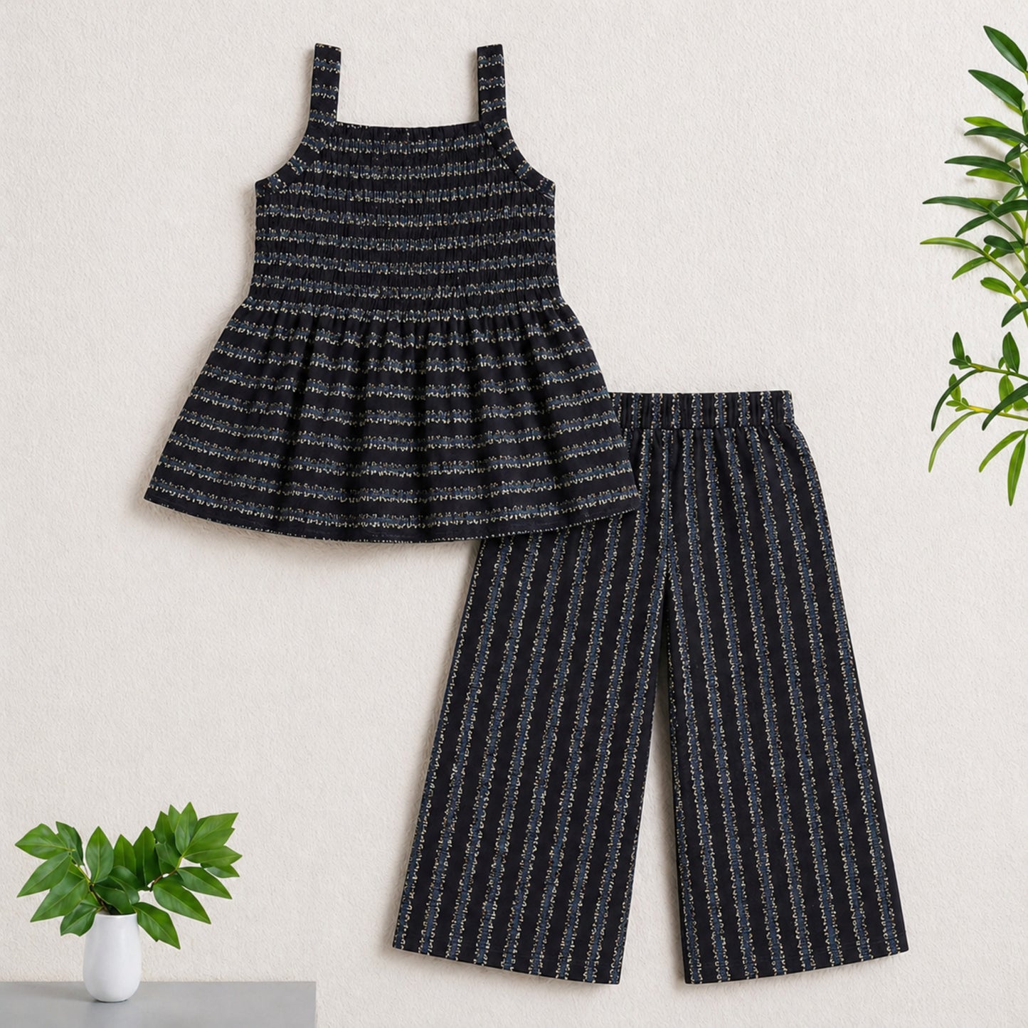 The Magic Wand Cotton Woven Strappy Stripes Printed Smocking Top And Pant Set - Black