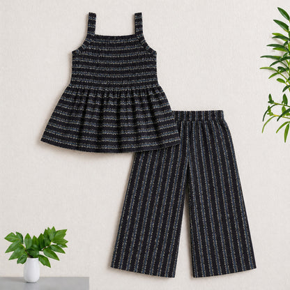 The Magic Wand Cotton Woven Strappy Stripes Printed Smocking Top And Pant Set - Black