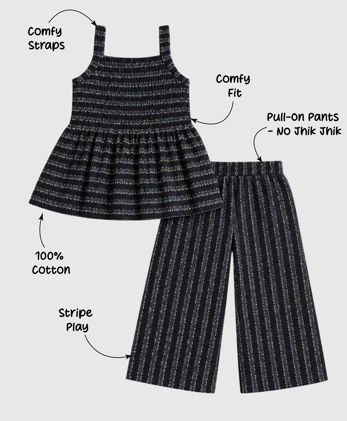 The Magic Wand Cotton Woven Strappy Stripes Printed Smocking Top And Pant Set - Black