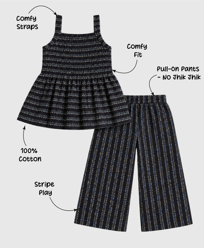 The Magic Wand Cotton Woven Strappy Stripes Printed Smocking Top And Pant Set - Black
