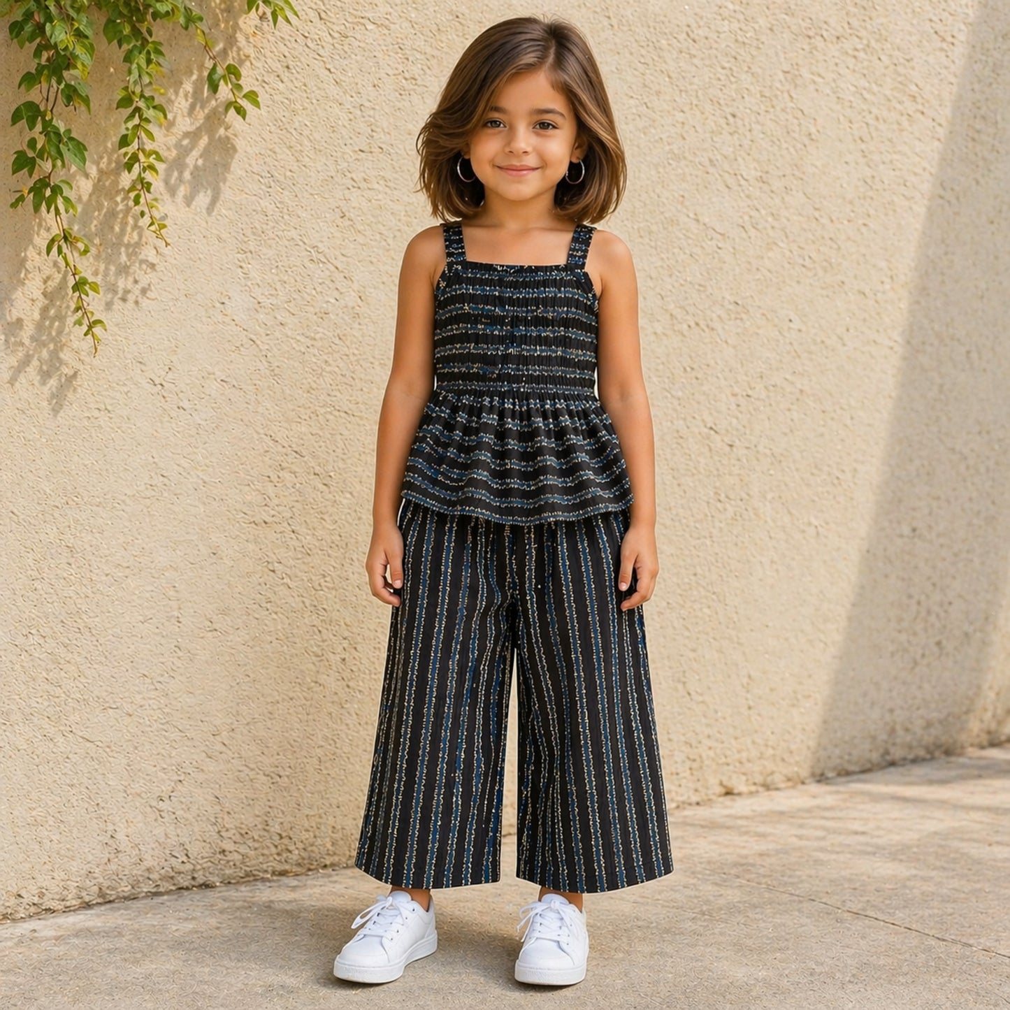 The Magic Wand Cotton Woven Strappy Stripes Printed Smocking Top And Pant Set - Black