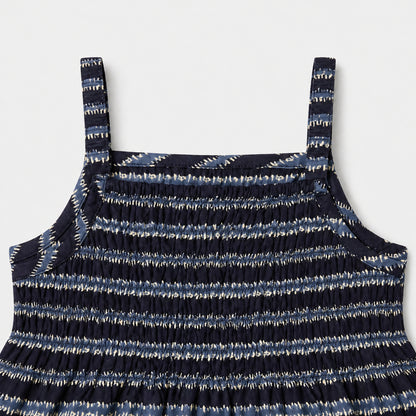 The Magic Wand Cotton Woven Strappy Stripes Printed Smocking Top And Pant Set - Black