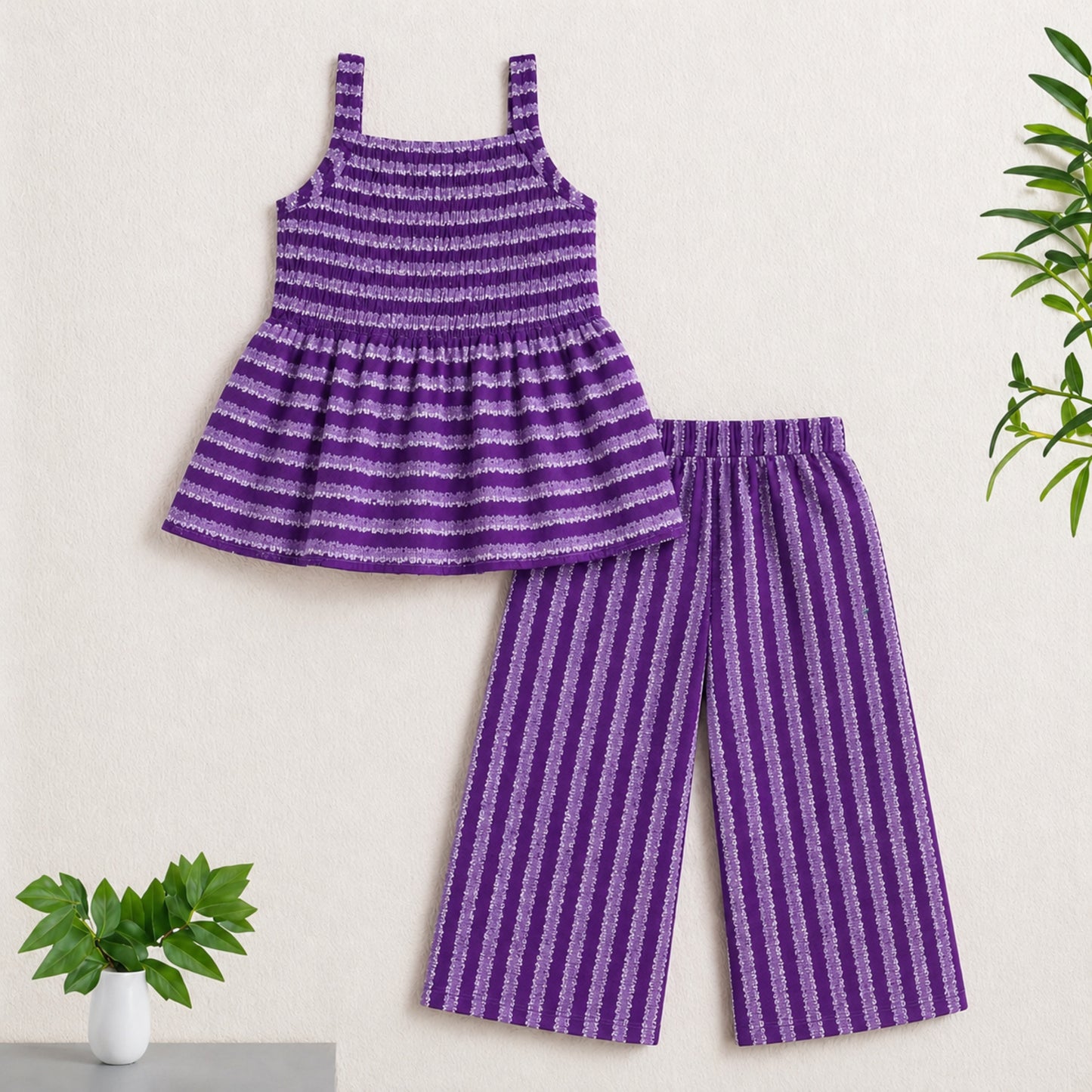 The Magic Wand Cotton Woven Strappy Stripes Printed Smocking Top And Pant Set - Purple