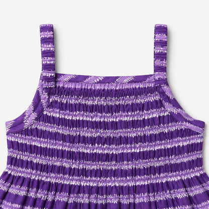 The Magic Wand Cotton Woven Strappy Stripes Printed Smocking Top And Pant Set - Purple