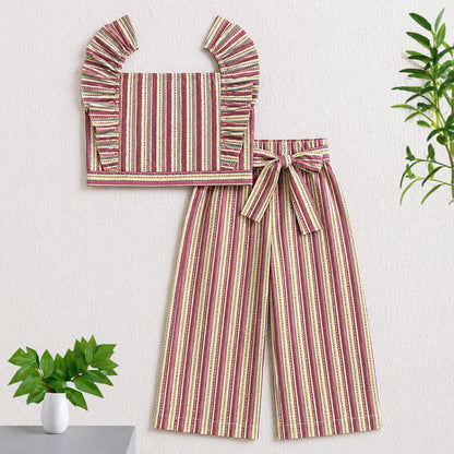 The Magic Wand Cotton Woven Ruffle Sleeves Stripes Printed Top And Waist Tie-Up Pant Set - Yellow