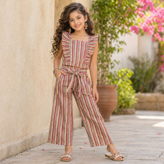 The Magic Wand Cotton Woven Ruffle Sleeves Stripes Printed Top And Waist Tie-Up Pant Set - Yellow