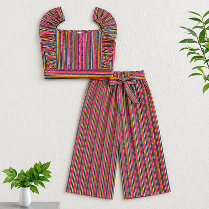 The Magic Wand Cotton Woven Ruffle Sleeves Stripes Printed Top And Waist Tie-Up Pant Set - Pink