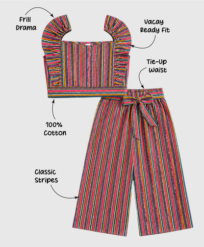 The Magic Wand Cotton Woven Ruffle Sleeves Stripes Printed Top And Waist Tie-Up Pant Set - Pink