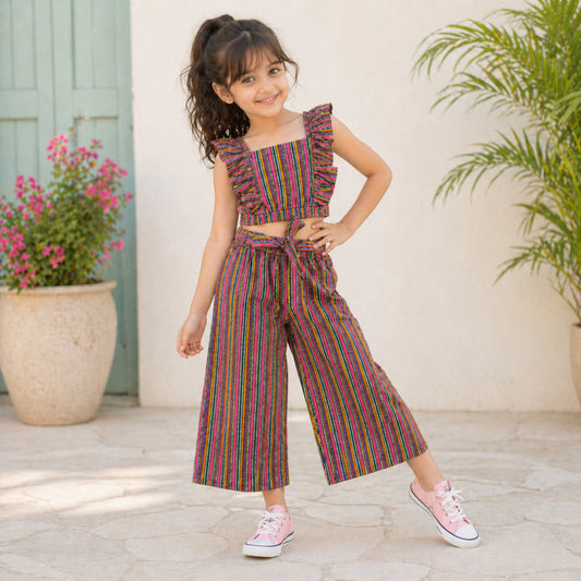 The Magic Wand Cotton Woven Ruffle Sleeves Stripes Printed Top And Waist Tie-Up Pant Set - Pink