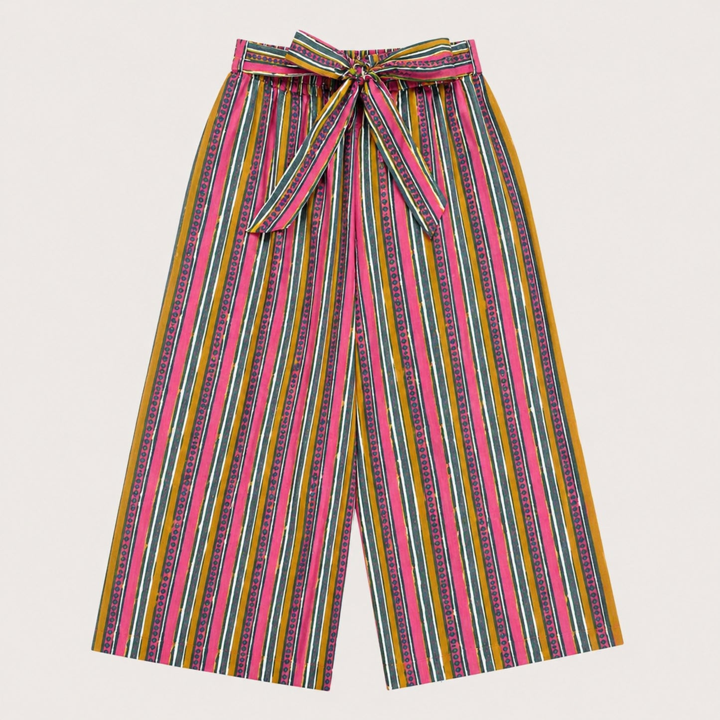 The Magic Wand Cotton Woven Ruffle Sleeves Stripes Printed Top And Waist Tie-Up Pant Set - Pink