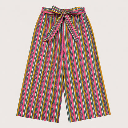 The Magic Wand Cotton Woven Ruffle Sleeves Stripes Printed Top And Waist Tie-Up Pant Set - Pink