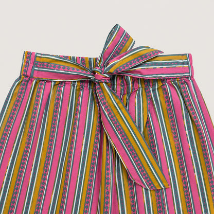 The Magic Wand Cotton Woven Ruffle Sleeves Stripes Printed Top And Waist Tie-Up Pant Set - Pink