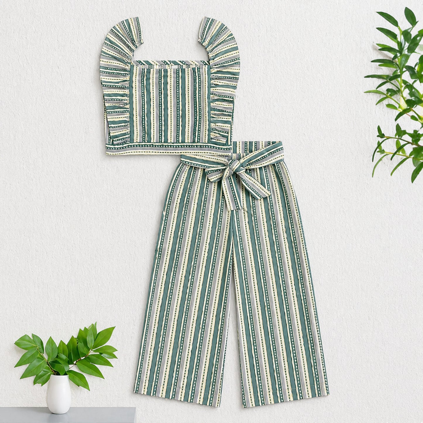 The Magic Wand Cotton Woven Ruffle Sleeves Stripes Printed Top And Waist Tie-Up Pant Set - Sea Green