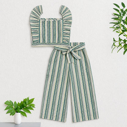 The Magic Wand Cotton Woven Ruffle Sleeves Stripes Printed Top And Waist Tie-Up Pant Set - Sea Green