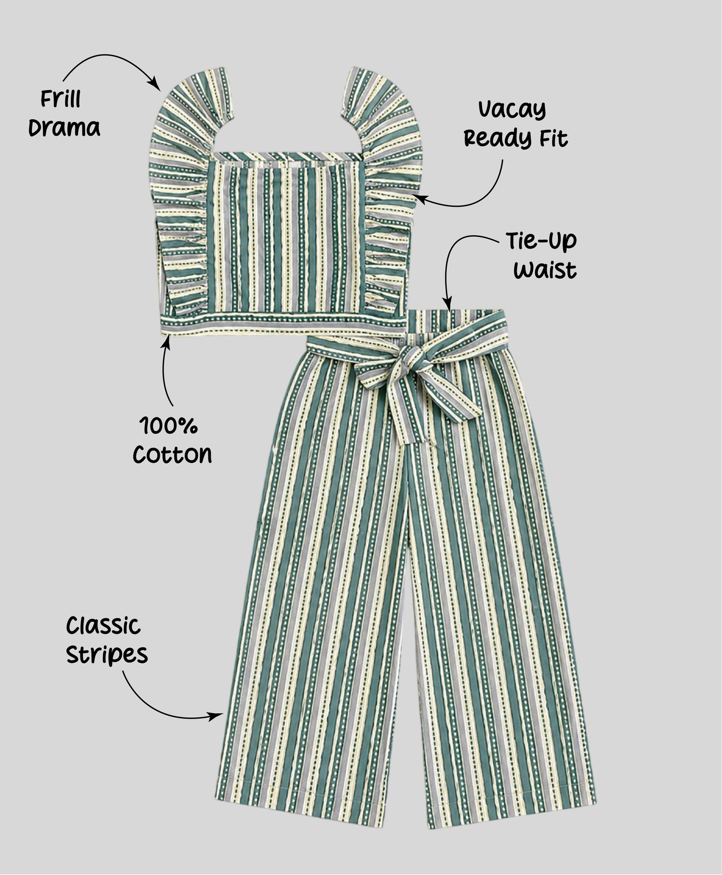 The Magic Wand Cotton Woven Ruffle Sleeves Stripes Printed Top And Waist Tie-Up Pant Set - Sea Green