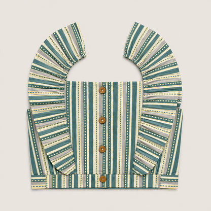 The Magic Wand Cotton Woven Ruffle Sleeves Stripes Printed Top And Waist Tie-Up Pant Set - Sea Green