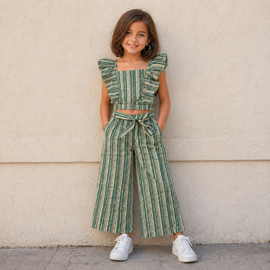 The Magic Wand Cotton Woven Ruffle Sleeves Stripes Printed Top And Waist Tie-Up Pant Set - Sea Green
