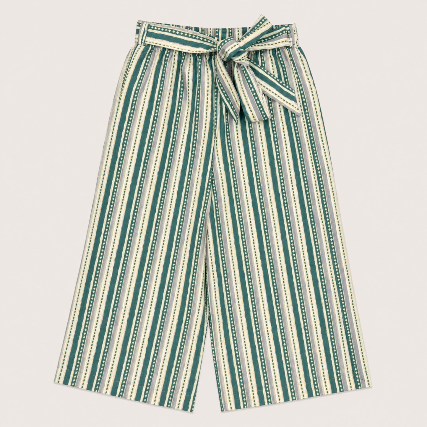 The Magic Wand Cotton Woven Ruffle Sleeves Stripes Printed Top And Waist Tie-Up Pant Set - Sea Green