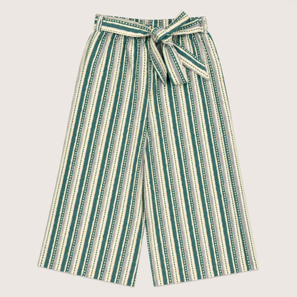 The Magic Wand Cotton Woven Ruffle Sleeves Stripes Printed Top And Waist Tie-Up Pant Set - Sea Green