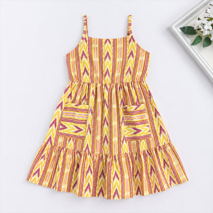 The Magic Wand Cotton Woven Strappy Ikat Printed Gathered Dress With Patch Pockets  - Yellow