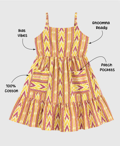 The Magic Wand Cotton Woven Strappy Ikat Printed Gathered Dress With Patch Pockets  - Yellow