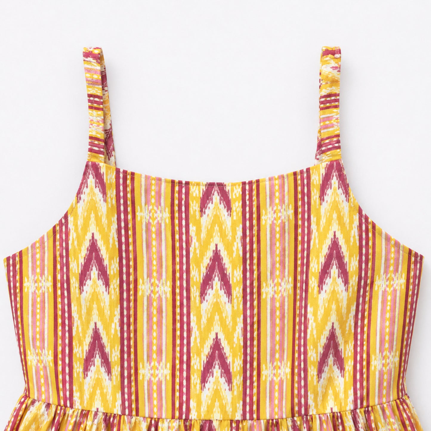 The Magic Wand Cotton Woven Strappy Ikat Printed Gathered Dress With Patch Pockets  - Yellow