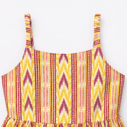 The Magic Wand Cotton Woven Strappy Ikat Printed Gathered Dress With Patch Pockets  - Yellow