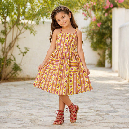The Magic Wand Cotton Woven Strappy Ikat Printed Gathered Dress With Patch Pockets  - Yellow