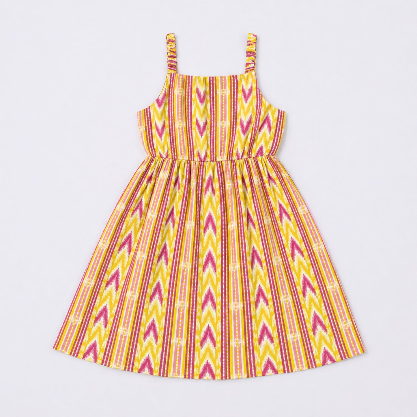 The Magic Wand Cotton Woven Strappy Ikat Printed Gathered Dress With Patch Pockets  - Yellow