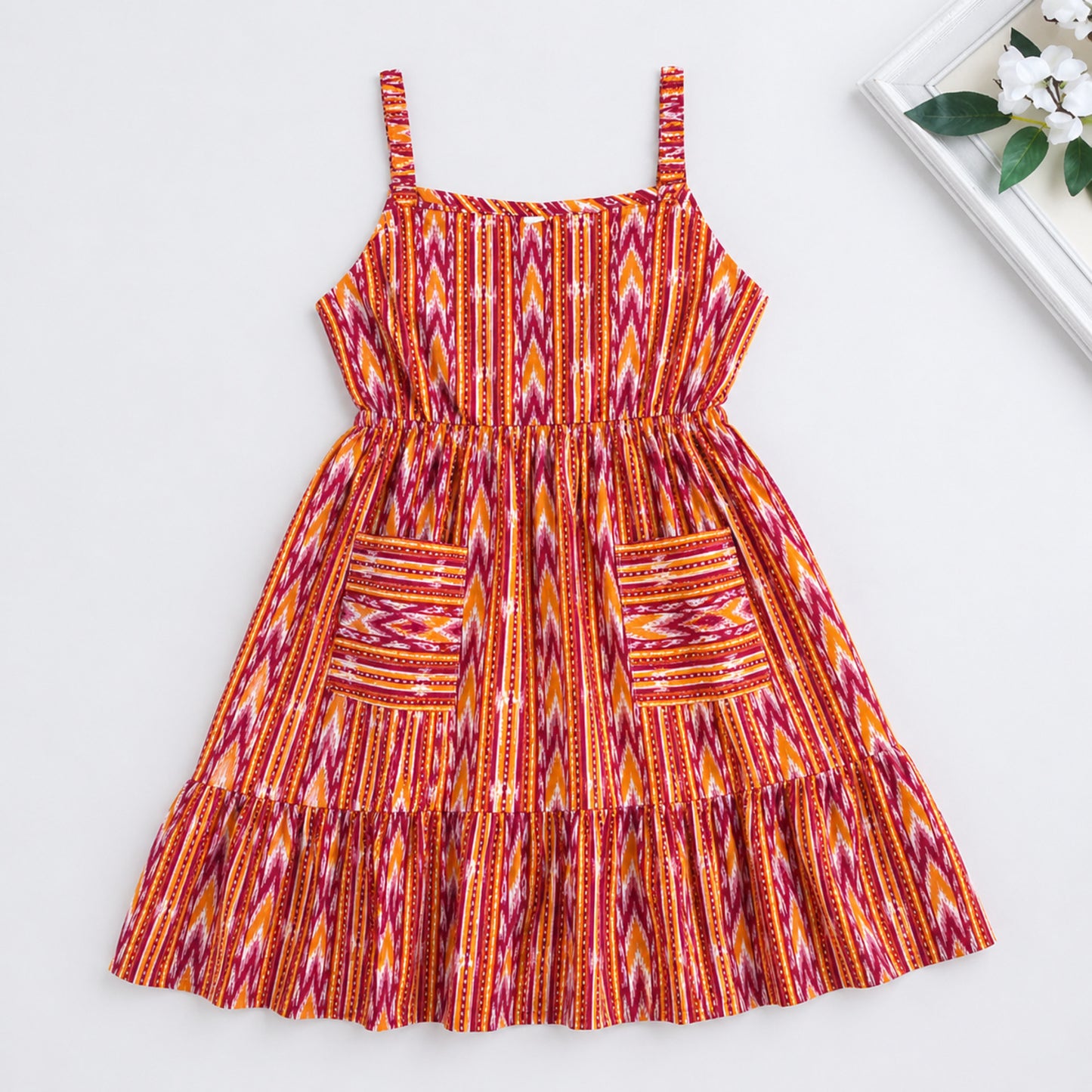 The Magic Wand Cotton Woven Strappy Ikat Printed Gathered Dress With Patch Pockets  - Red