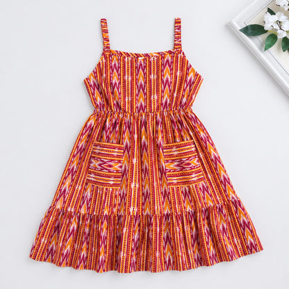 The Magic Wand Cotton Woven Strappy Ikat Printed Gathered Dress With Patch Pockets  - Red