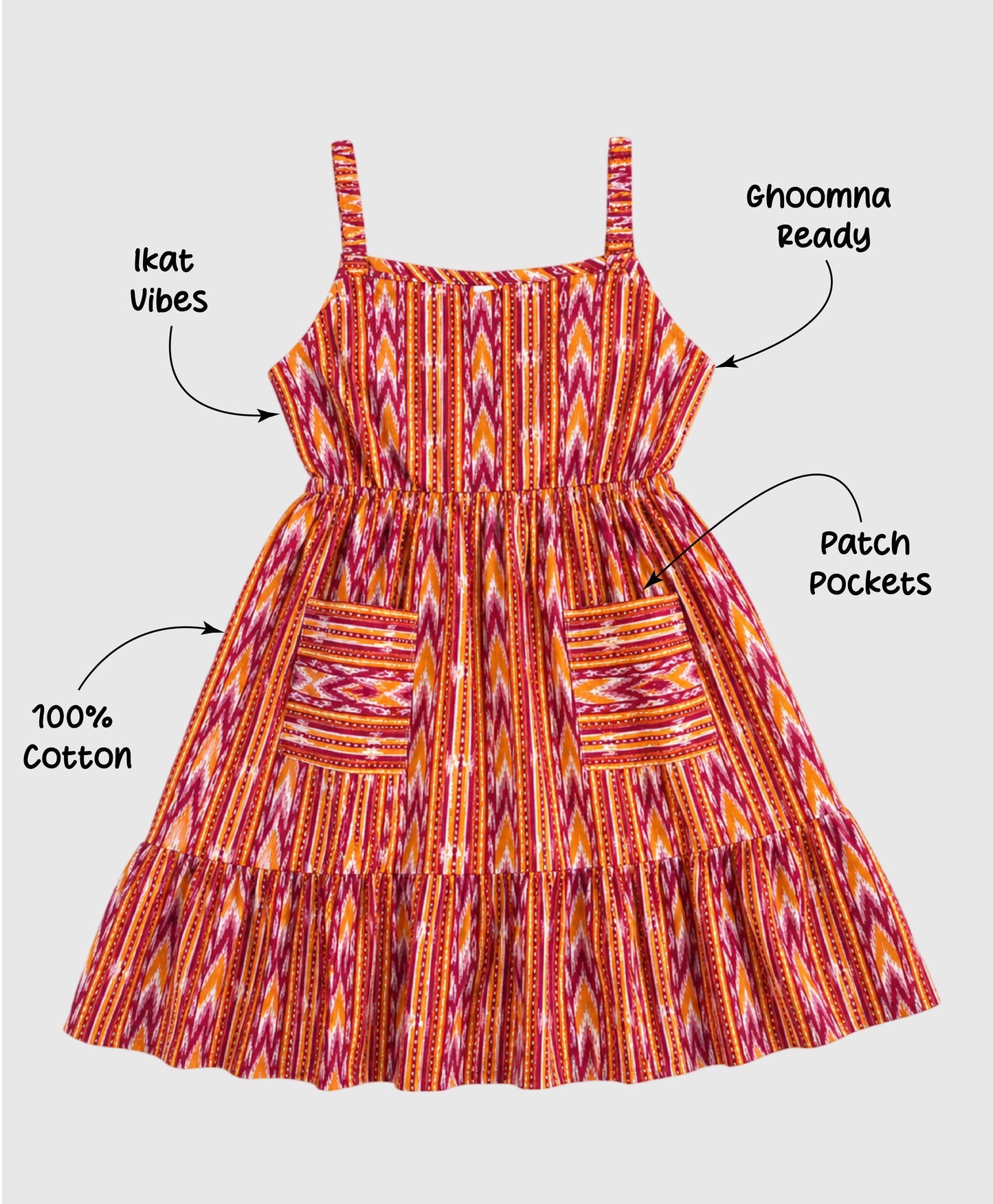 The Magic Wand Cotton Woven Strappy Ikat Printed Gathered Dress With Patch Pockets  - Red