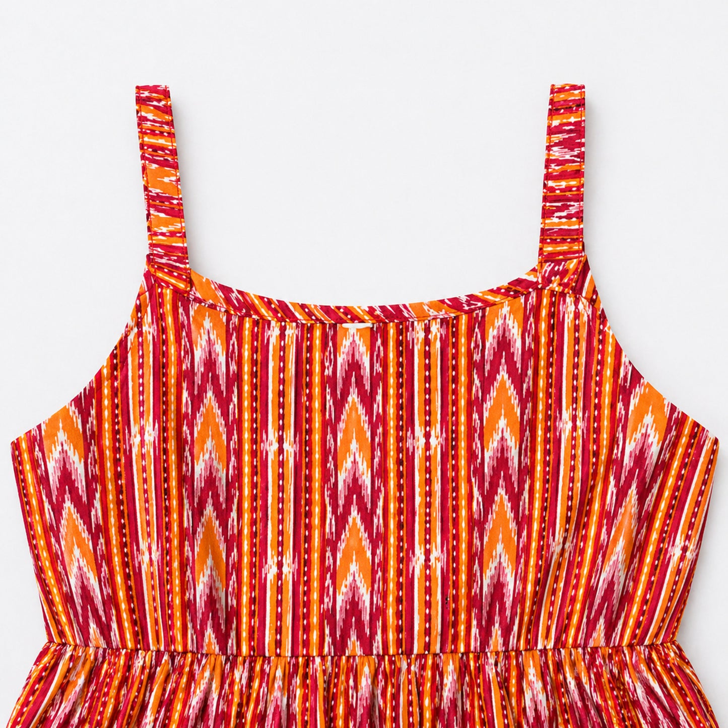 The Magic Wand Cotton Woven Strappy Ikat Printed Gathered Dress With Patch Pockets  - Red