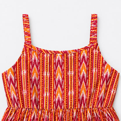 The Magic Wand Cotton Woven Strappy Ikat Printed Gathered Dress With Patch Pockets  - Red