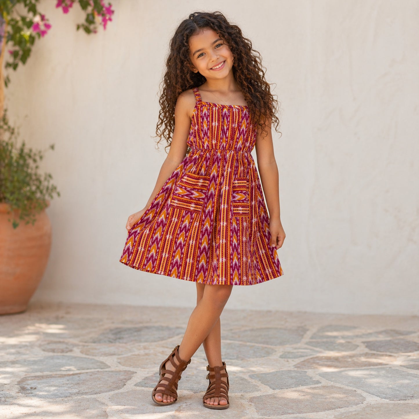 The Magic Wand Cotton Woven Strappy Ikat Printed Gathered Dress With Patch Pockets  - Red