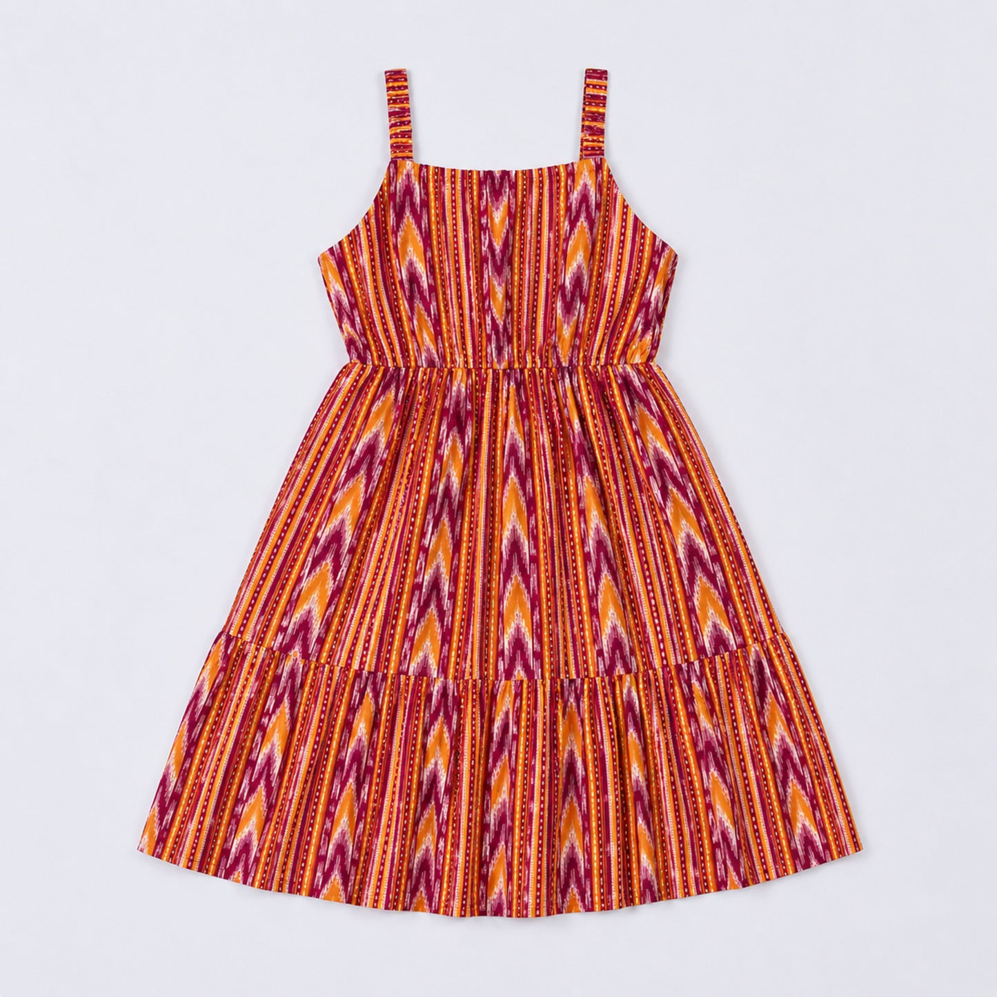 The Magic Wand Cotton Woven Strappy Ikat Printed Gathered Dress With Patch Pockets  - Red