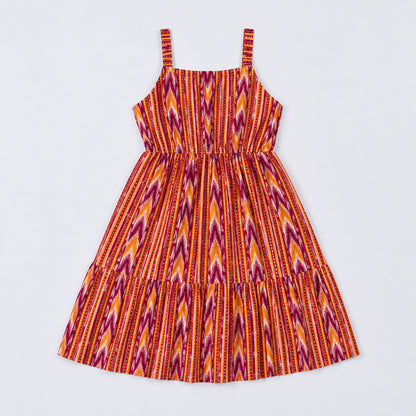 The Magic Wand Cotton Woven Strappy Ikat Printed Gathered Dress With Patch Pockets  - Red