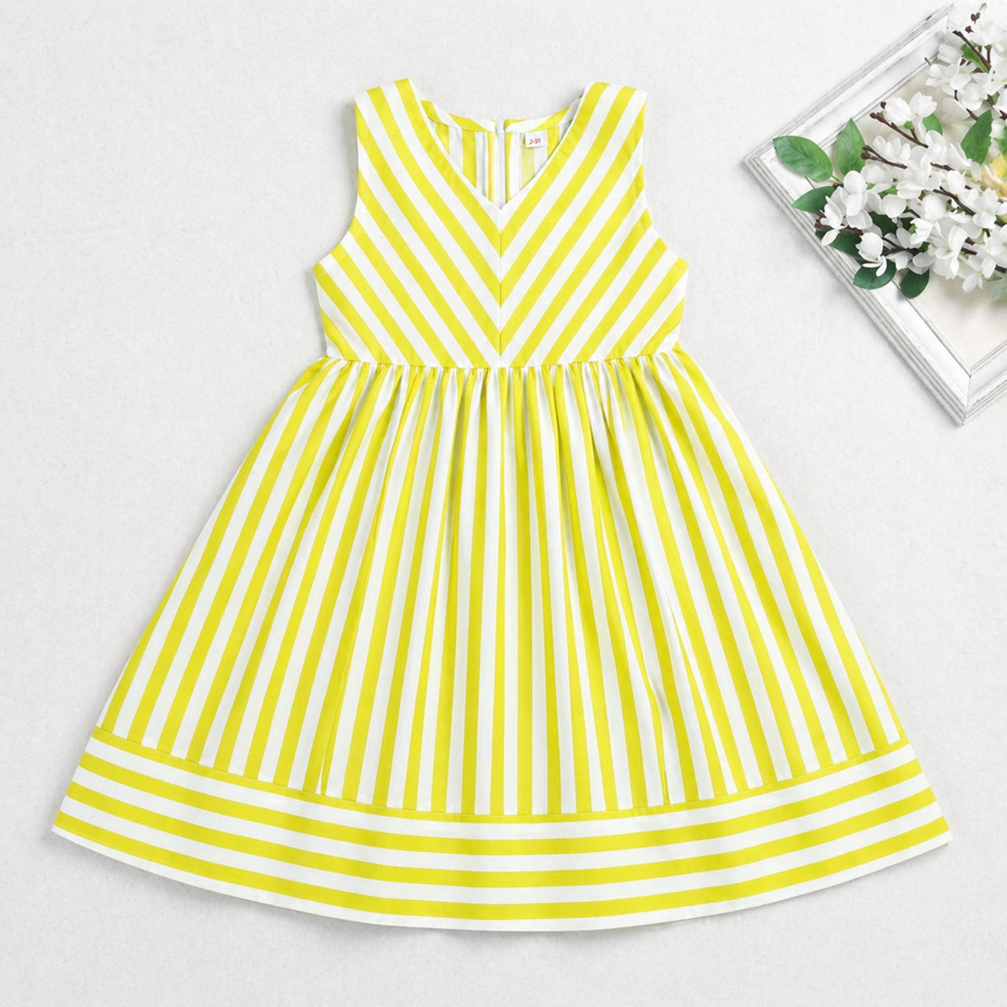 The Magic Wand Cotton Woven Sleeveless Stripe Printed A-Line Dress - Yellow