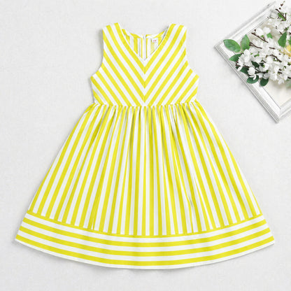 The Magic Wand Cotton Woven Sleeveless Stripe Printed A-Line Dress - Yellow