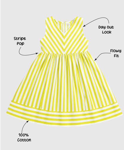 The Magic Wand Cotton Woven Sleeveless Stripe Printed A-Line Dress - Yellow