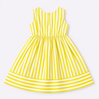 The Magic Wand Cotton Woven Sleeveless Stripe Printed A-Line Dress - Yellow