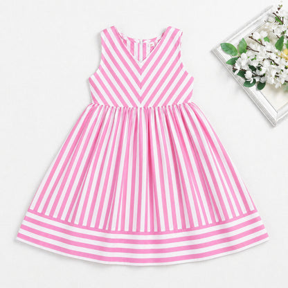 The Magic Wand Cotton Woven Sleeveless Stripe Printed A-Line Dress - Pink