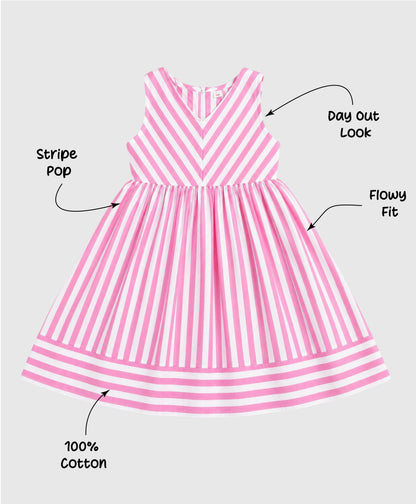 The Magic Wand Cotton Woven Sleeveless Stripe Printed A-Line Dress - Pink