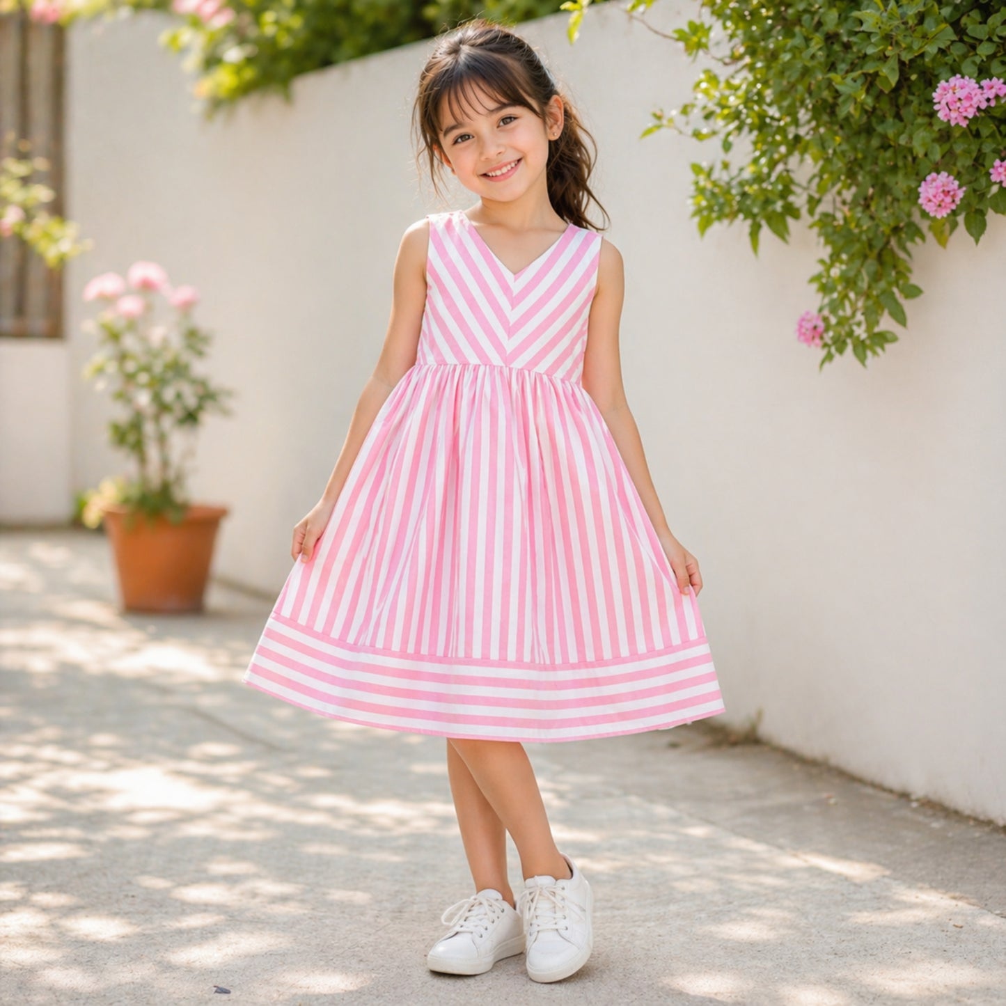 The Magic Wand Cotton Woven Sleeveless Stripe Printed A-Line Dress - Pink
