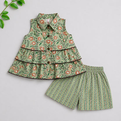 The Magic Wand Cotton Woven Sleeveless Floral Tiered Top And Shorts Set - Green